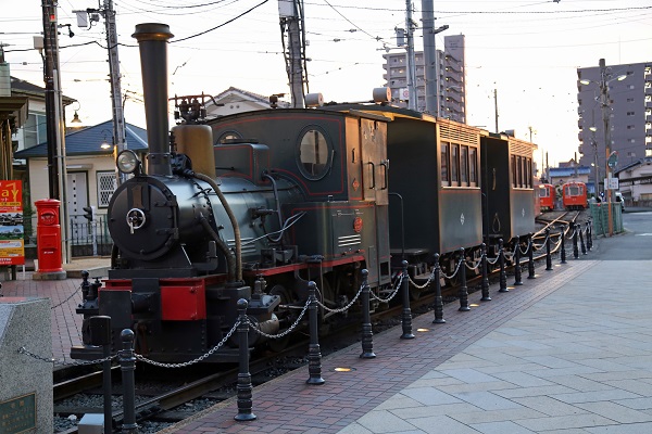 "Botchan train" runs near the Dogo hot springs.