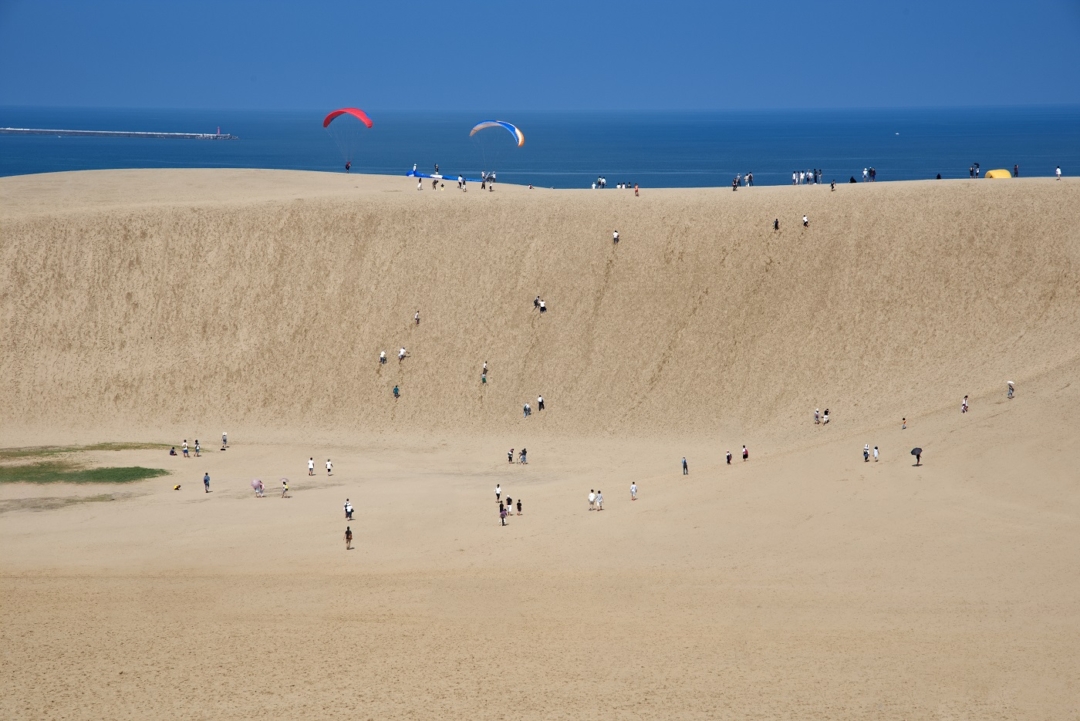 People paragliding and hiking at Tottori Sand Dunes